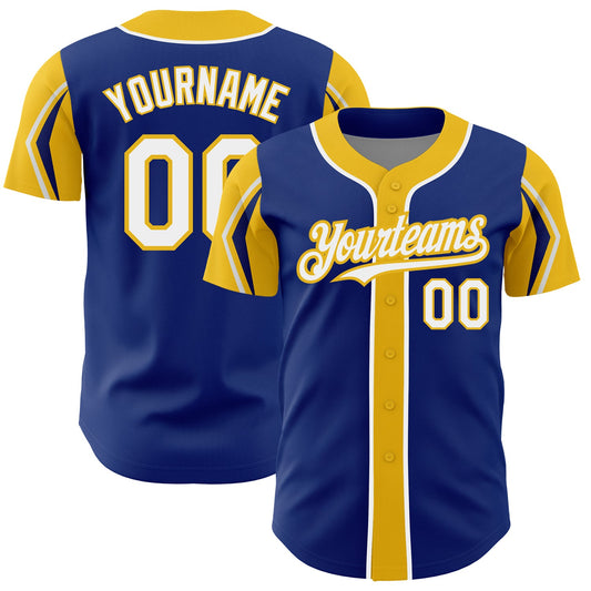 Custom Royal White-Yellow 3 Colors Arm Shapes Authentic Baseball Jersey - Sky-Custom