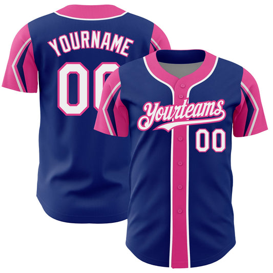 Custom Royal White-Pink 3 Colors Arm Shapes Authentic Baseball Jersey - Sky-Custom