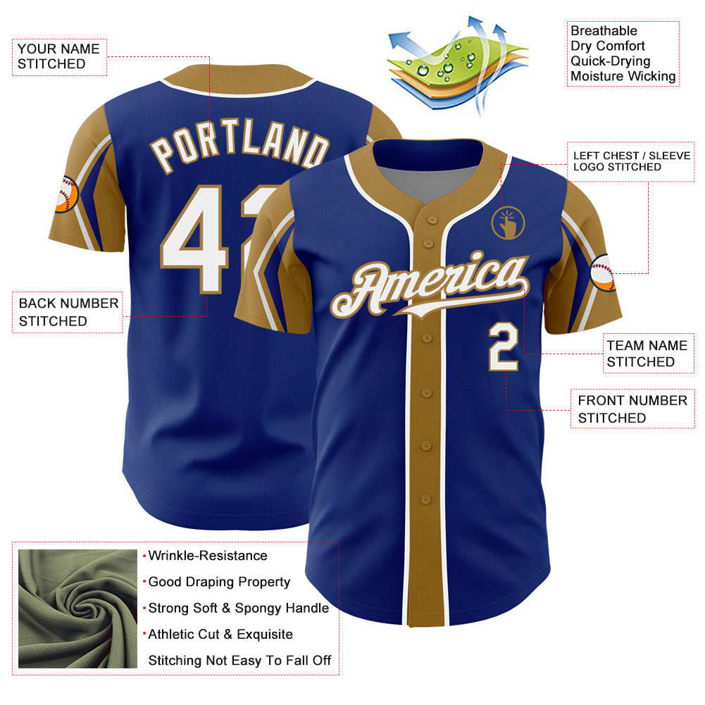 Custom Royal White-Old Gold 3 Colors Arm Shapes Authentic Baseball Jersey - Sky-Custom