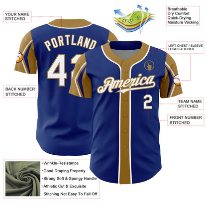 Custom Royal White-Old Gold 3 Colors Arm Shapes Authentic Baseball Jersey - Sky-Custom