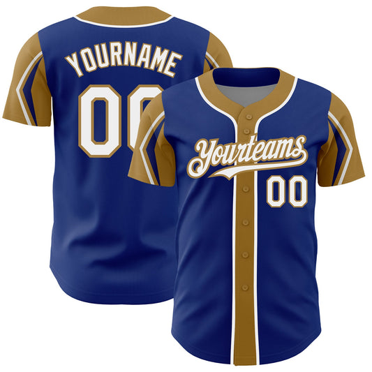 Custom Royal White-Old Gold 3 Colors Arm Shapes Authentic Baseball Jersey - Sky-Custom