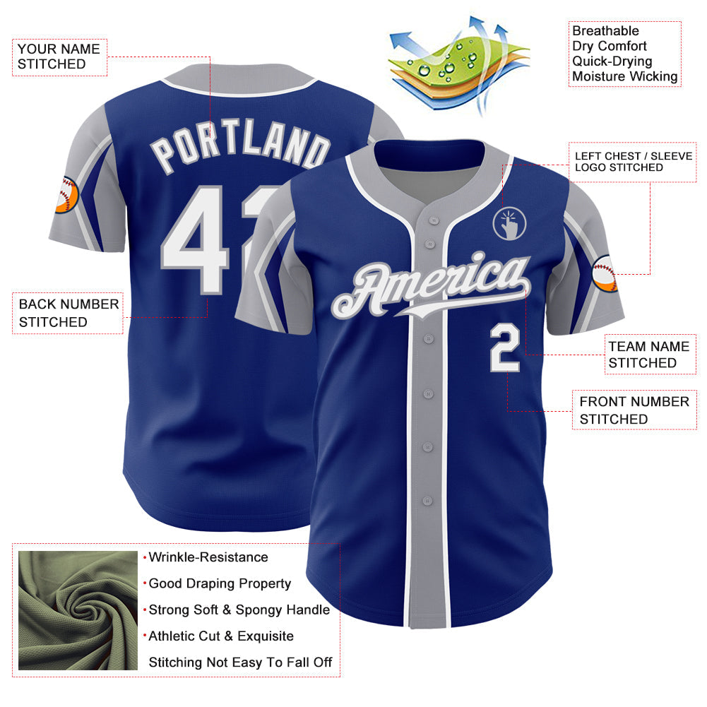 Custom Royal White-Gray 3 Colors Arm Shapes Authentic Baseball Jersey - Sky-Custom