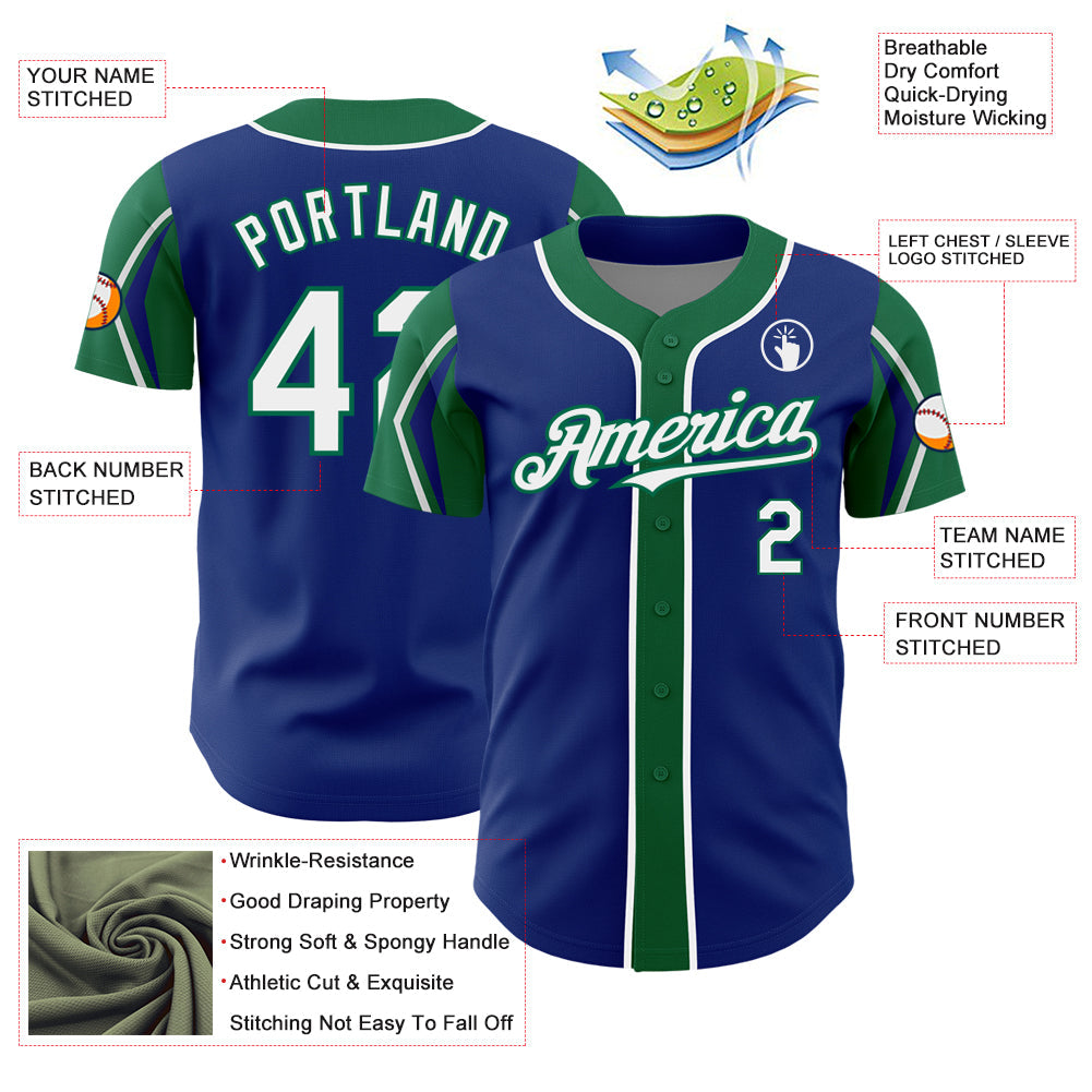 Custom Royal White-Kelly Green 3 Colors Arm Shapes Authentic Baseball Jersey - Sky-Custom
