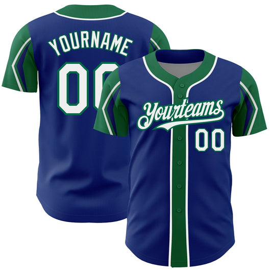 Custom Royal White-Kelly Green 3 Colors Arm Shapes Authentic Baseball Jersey - Sky-Custom
