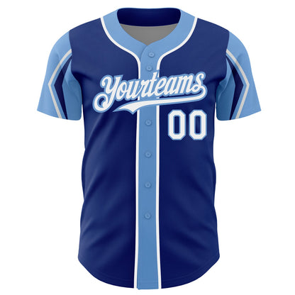 Custom Royal White-Light Blue 3 Colors Arm Shapes Authentic Baseball Jersey - Sky-Custom