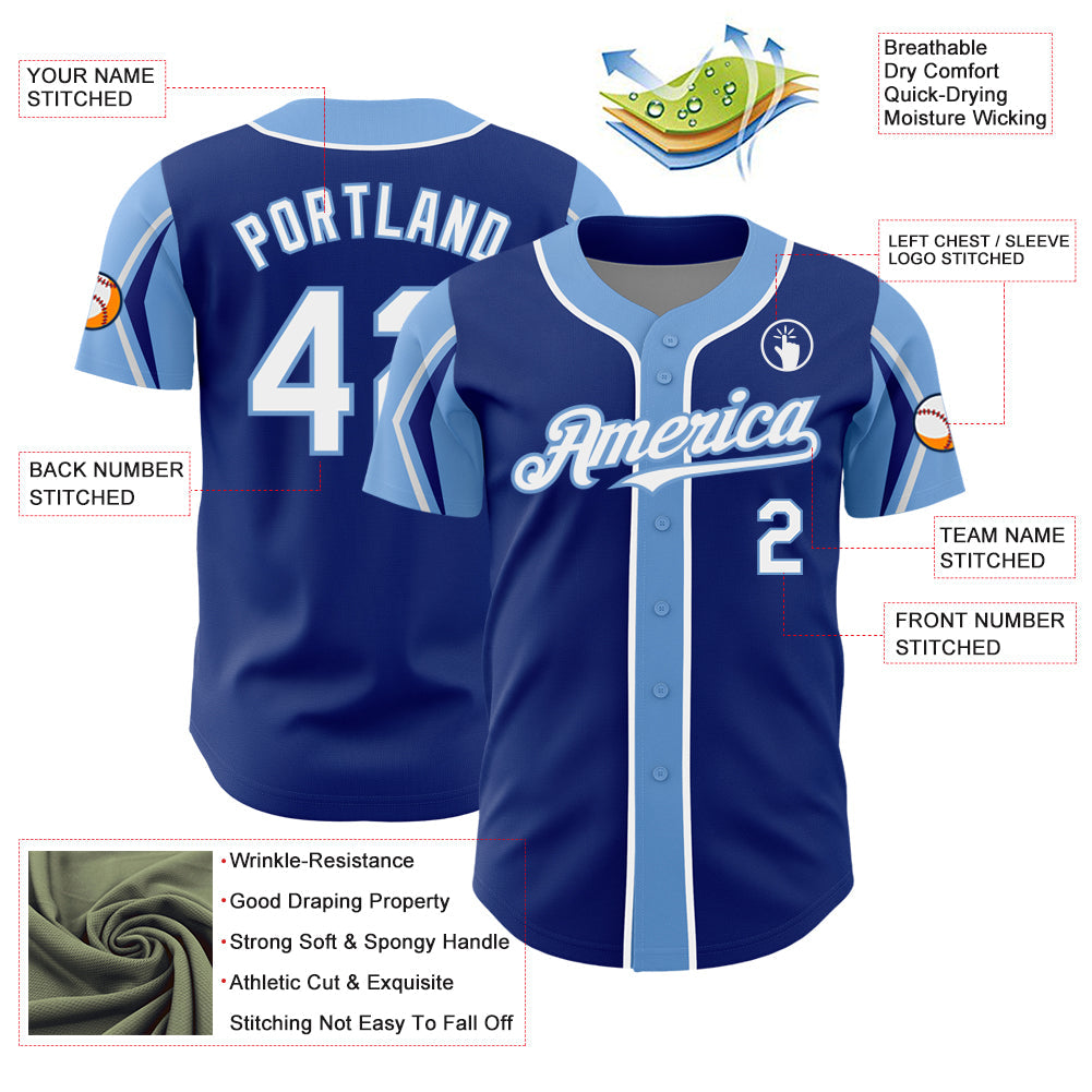 Custom Royal White-Light Blue 3 Colors Arm Shapes Authentic Baseball Jersey - Sky-Custom