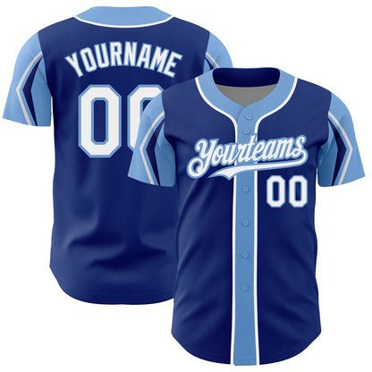 Custom Royal White-Light Blue 3 Colors Arm Shapes Authentic Baseball Jersey - Sky-Custom