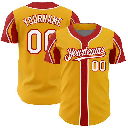 Custom Gold White-Red 3 Colors Arm Shapes Authentic Baseball Jersey - Sky-Custom