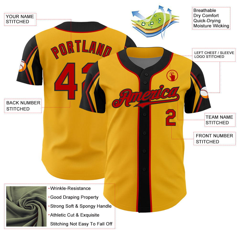 Custom Gold Red-Black 3 Colors Arm Shapes Authentic Baseball Jersey - Sky-Custom