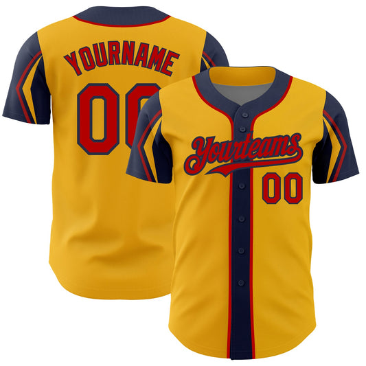 Custom Gold Red-Navy 3 Colors Arm Shapes Authentic Baseball Jersey - Sky-Custom