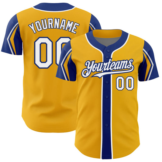 Custom Gold White-Royal 3 Colors Arm Shapes Authentic Baseball Jersey - Sky-Custom