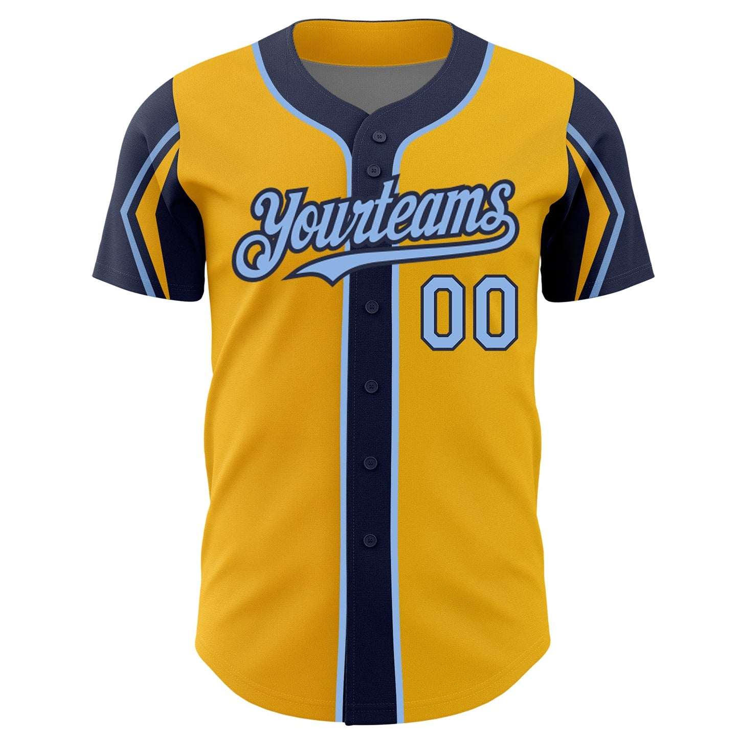 Custom Gold Light Blue-Navy 3 Colors Arm Shapes Authentic Baseball Jersey - Sky-Custom