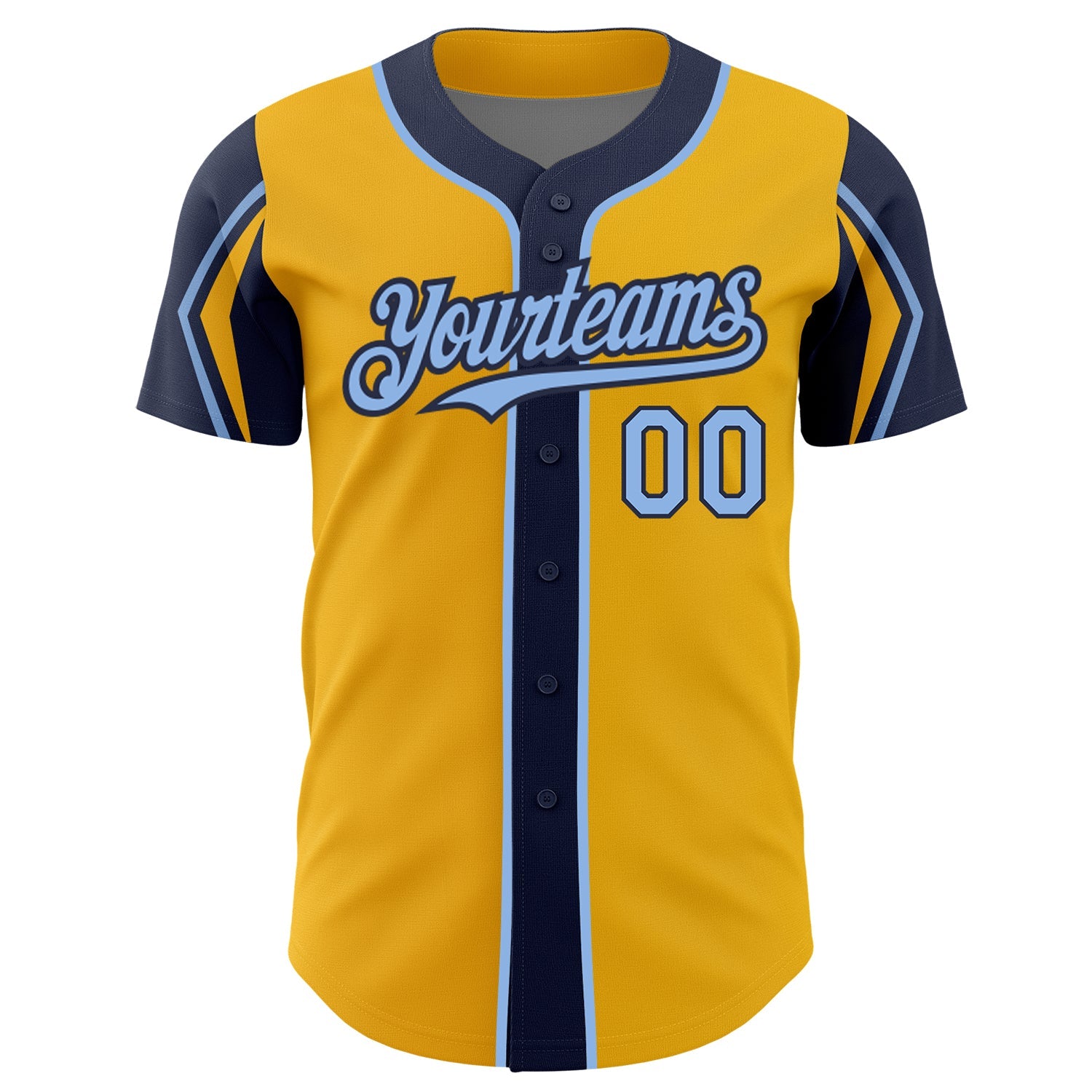 Custom Gold Light Blue-Navy 3 Colors Arm Shapes Authentic Baseball Jersey - Sky-Custom