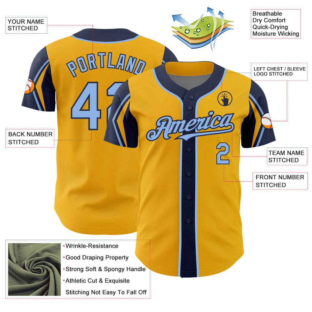 Custom Gold Light Blue-Navy 3 Colors Arm Shapes Authentic Baseball Jersey - Sky-Custom