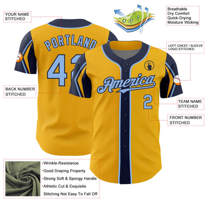 Custom Gold Light Blue-Navy 3 Colors Arm Shapes Authentic Baseball Jersey - Sky-Custom