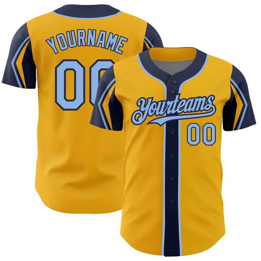 Custom Gold Light Blue-Navy 3 Colors Arm Shapes Authentic Baseball Jersey - Sky-Custom