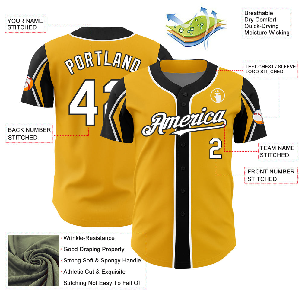 Custom Gold White-Black 3 Colors Arm Shapes Authentic Baseball Jersey - Sky-Custom