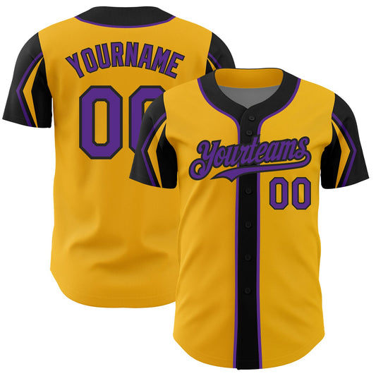 Custom Gold Purple-Black 3 Colors Arm Shapes Authentic Baseball Jersey - Sky-Custom