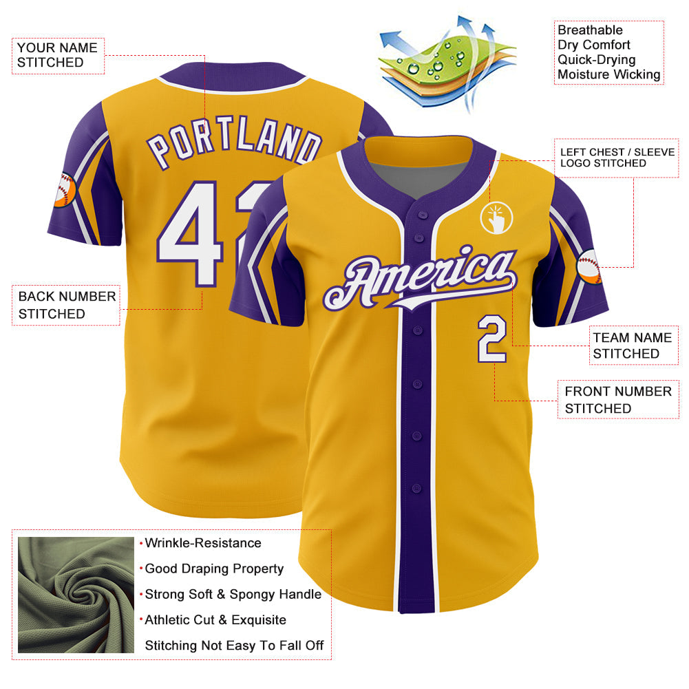Custom Gold White-Purple 3 Colors Arm Shapes Authentic Baseball Jersey - Sky-Custom