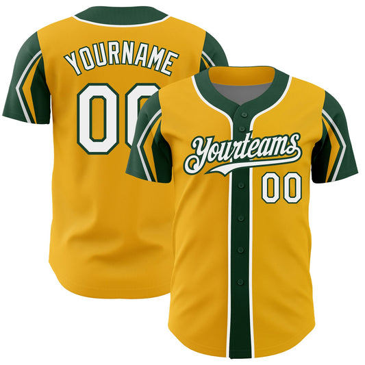 Custom Gold White-Green 3 Colors Arm Shapes Authentic Baseball Jersey - Sky-Custom
