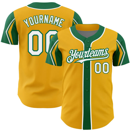 Custom Gold White-Kelly Green 3 Colors Arm Shapes Authentic Baseball Jersey - Sky-Custom