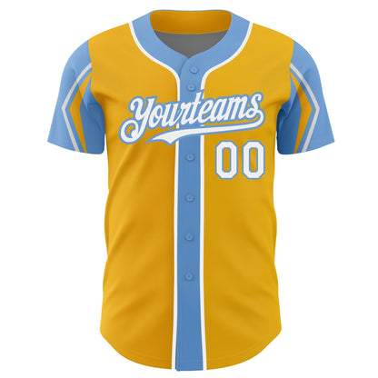 Custom Gold White-Light Blue 3 Colors Arm Shapes Authentic Baseball Jersey - Sky-Custom