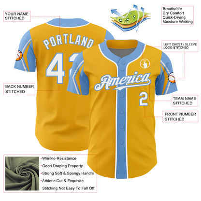 Custom Gold White-Light Blue 3 Colors Arm Shapes Authentic Baseball Jersey - Sky-Custom