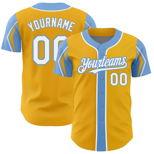 Custom Gold White-Light Blue 3 Colors Arm Shapes Authentic Baseball Jersey - Sky-Custom