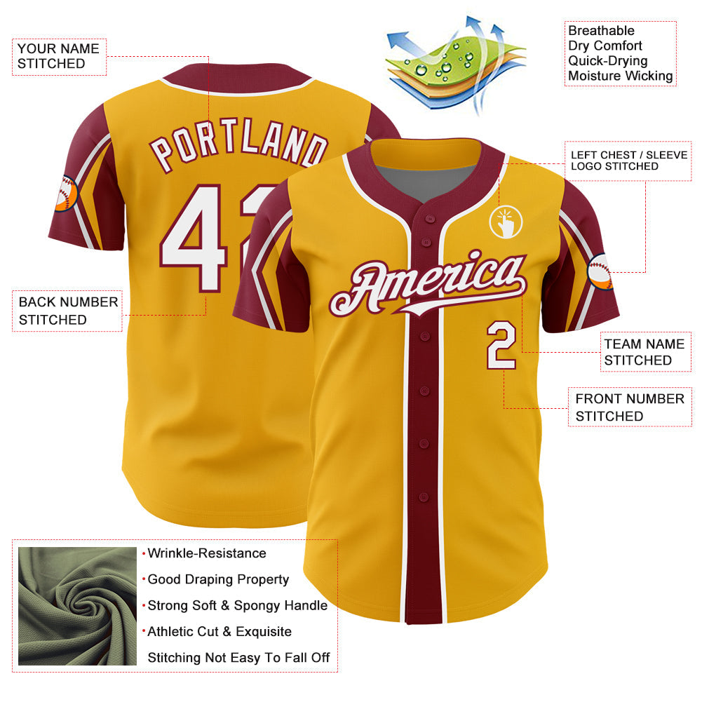 Custom Gold White-Crimson 3 Colors Arm Shapes Authentic Baseball Jersey - Sky-Custom