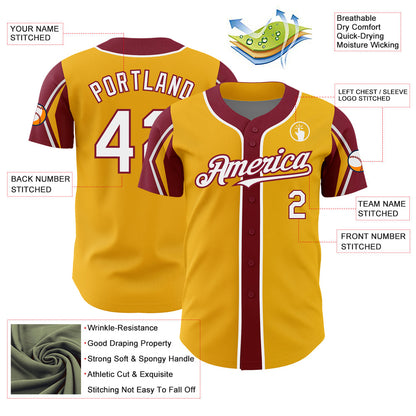 Custom Gold White-Crimson 3 Colors Arm Shapes Authentic Baseball Jersey - Sky-Custom