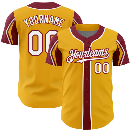 Custom Gold White-Crimson 3 Colors Arm Shapes Authentic Baseball Jersey - Sky-Custom