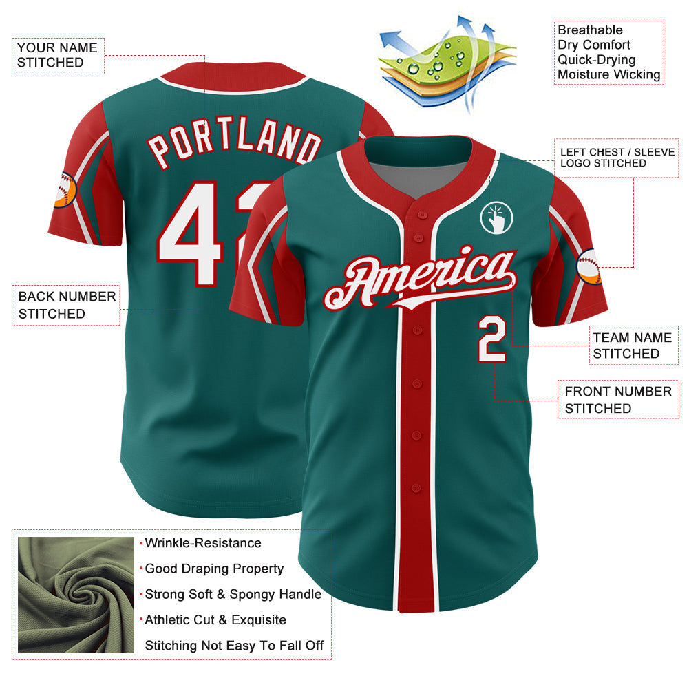 Custom Teal White-Red 3 Colors Arm Shapes Authentic Baseball Jersey - Sky-Custom