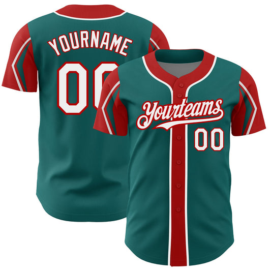 Custom Teal White-Red 3 Colors Arm Shapes Authentic Baseball Jersey - Sky-Custom