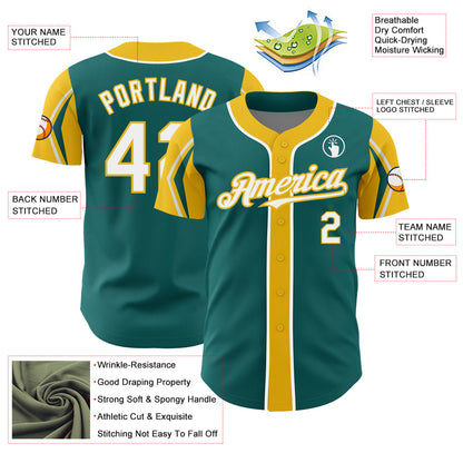 Custom Teal White-Yellow 3 Colors Arm Shapes Authentic Baseball Jersey - Sky-Custom