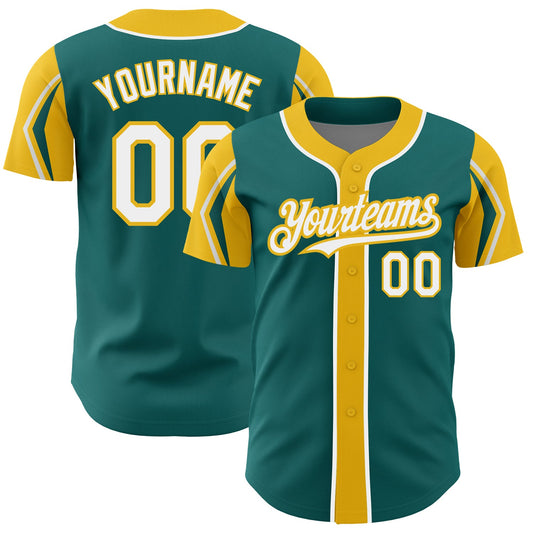 Custom Teal White-Yellow 3 Colors Arm Shapes Authentic Baseball Jersey - Sky-Custom