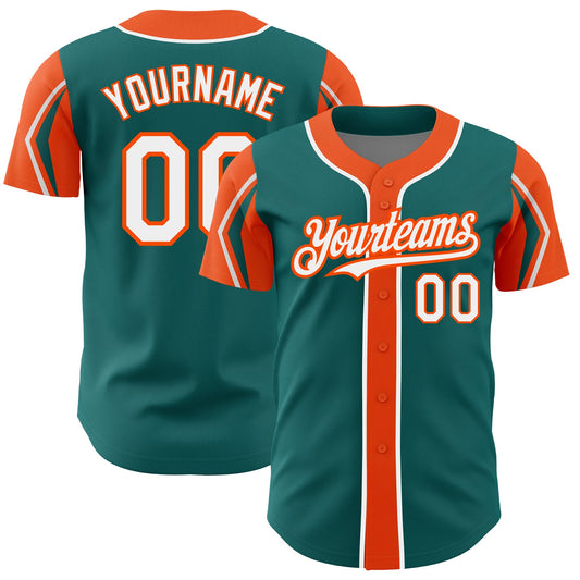 Custom Teal White-Orange 3 Colors Arm Shapes Authentic Baseball Jersey - Sky-Custom