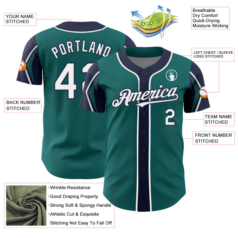 Custom Teal White-Navy 3 Colors Arm Shapes Authentic Baseball Jersey - Sky-Custom
