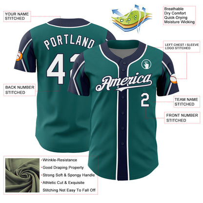 Custom Teal White-Navy 3 Colors Arm Shapes Authentic Baseball Jersey - Sky-Custom