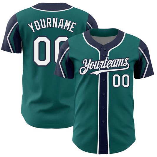 Custom Teal White-Navy 3 Colors Arm Shapes Authentic Baseball Jersey - Sky-Custom