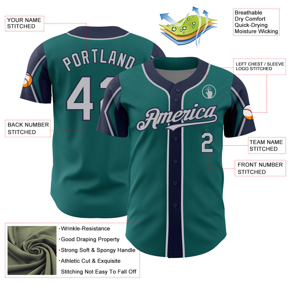Custom Teal Gray-Navy 3 Colors Arm Shapes Authentic Baseball Jersey - Sky-Custom