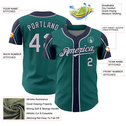 Custom Teal Gray-Navy 3 Colors Arm Shapes Authentic Baseball Jersey - Sky-Custom