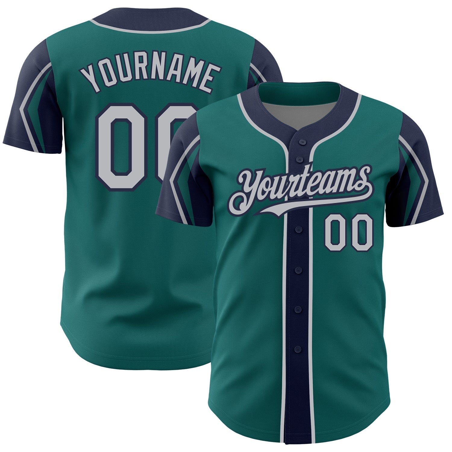 Custom Teal Gray-Navy 3 Colors Arm Shapes Authentic Baseball Jersey - Sky-Custom