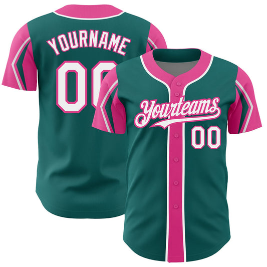 Custom Teal White-Pink 3 Colors Arm Shapes Authentic Baseball Jersey - Sky-Custom