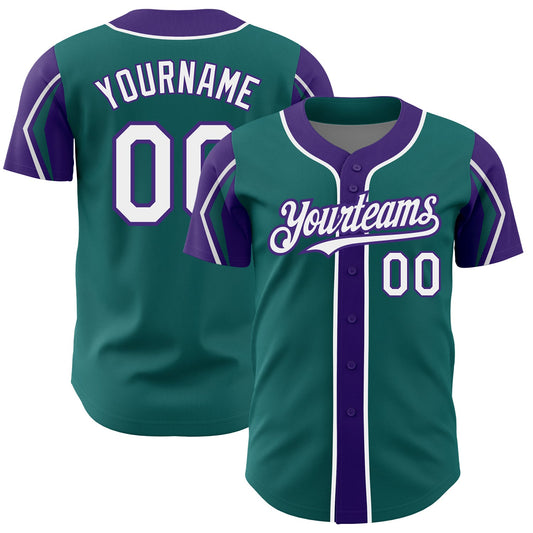 Custom Teal White-Purple 3 Colors Arm Shapes Authentic Baseball Jersey - Sky-Custom