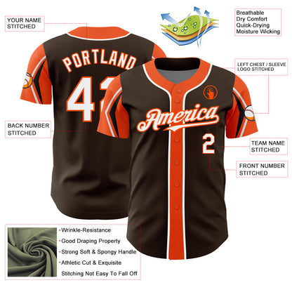 Custom Brown White-Orange 3 Colors Arm Shapes Authentic Baseball Jersey - Sky-Custom