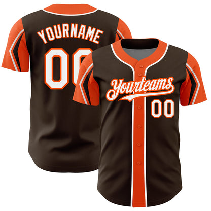 Custom Brown White-Orange 3 Colors Arm Shapes Authentic Baseball Jersey - Sky-Custom