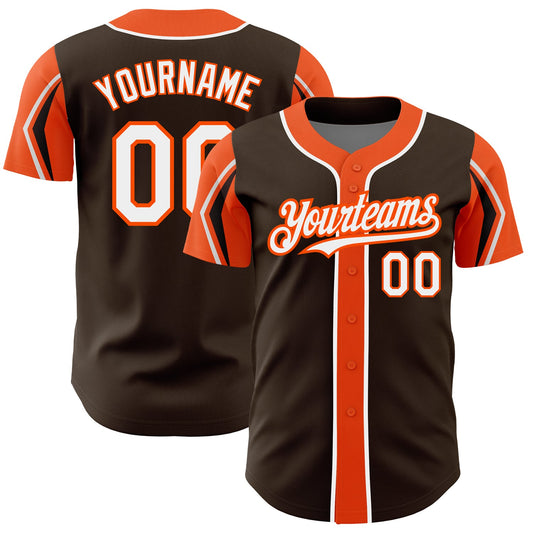 Custom Brown White-Orange 3 Colors Arm Shapes Authentic Baseball Jersey - Sky-Custom
