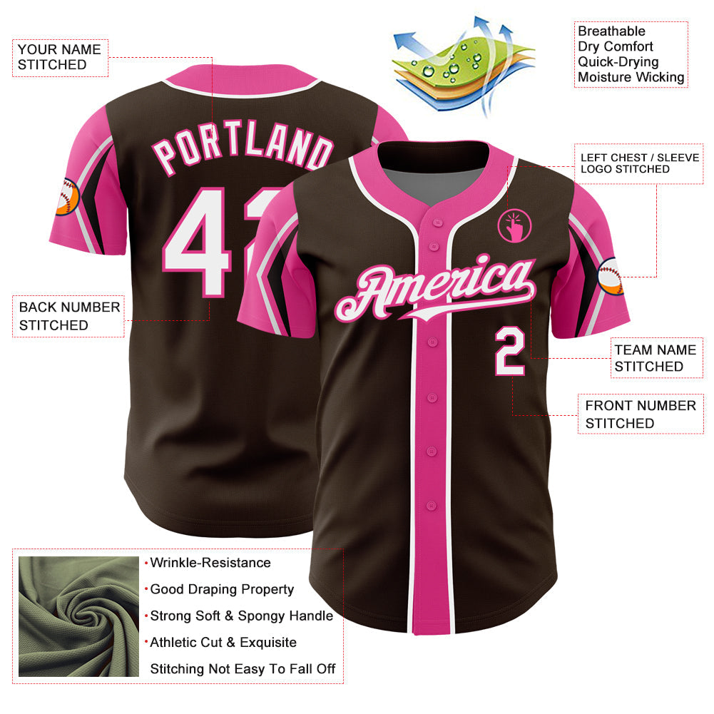 Custom Brown White-Pink 3 Colors Arm Shapes Authentic Baseball Jersey - Sky-Custom
