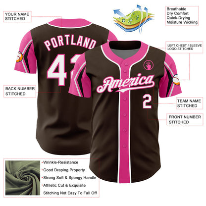 Custom Brown White-Pink 3 Colors Arm Shapes Authentic Baseball Jersey - Sky-Custom