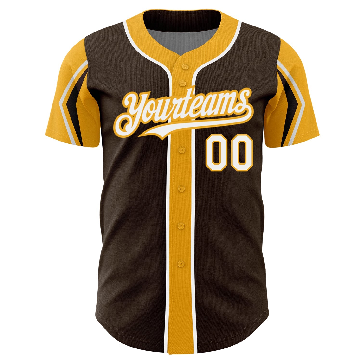 Custom Brown White-Gold 3 Colors Arm Shapes Authentic Baseball Jersey - Sky-Custom